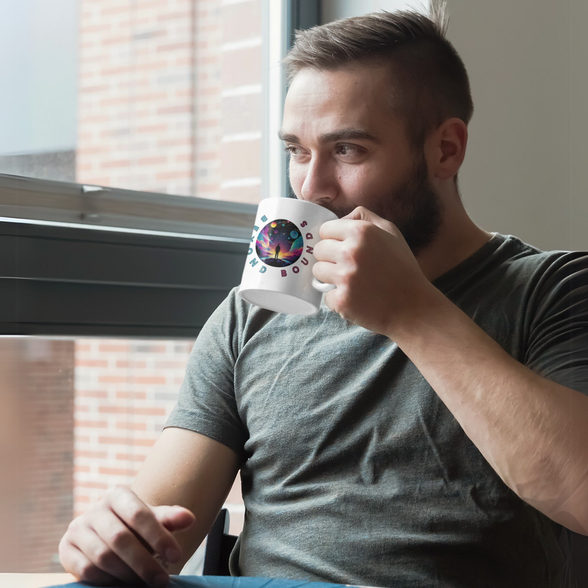 A man sits at the window and looks outside while drinking from his coffee mug, which has a galaxy print on it.