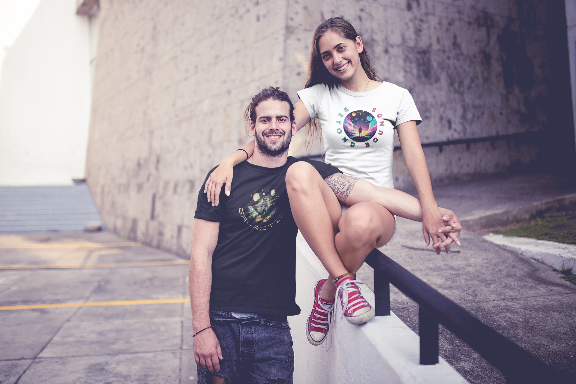 A young couple hold hands and beam at the camera, each wearing t-shirts with galaxy prints on them.