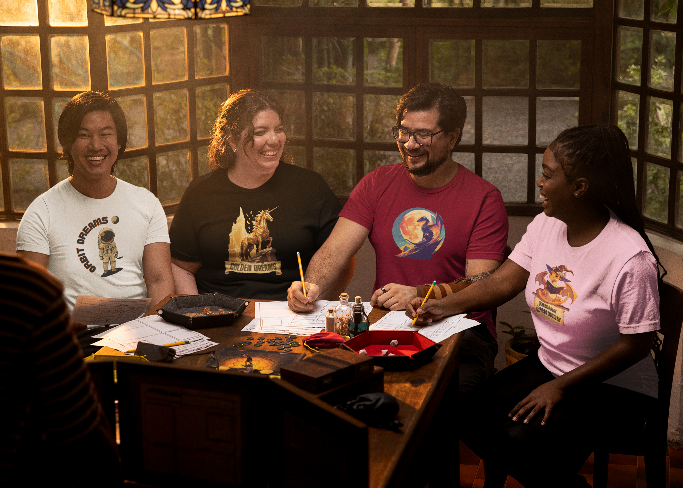 A group of friends are sitting around a table playing an RPG game. They are wearing different shirts with fantasy motifs.